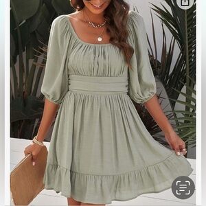 NWT DOSE sage, green square neck, detailed baby doll mini dress size L